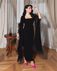 The Adamaris Dress offers a luxurious and elegant look with its trumpet sleeves, square neckline, and sleek black design. Perfect for prom or any special occasion, this dress exudes a sophisticated and sexy vibe. Elevate your style with this statement piece.