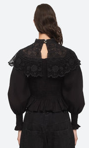 The Serita Top by Sea New York combines delicate crochet lace and intricate stitched pleats for a whimsical and feminine look. Add a touch of elegance and charm to any outfit with this beauty. (Elegant and whimsical, this top is a must-have for any wardrobe.)