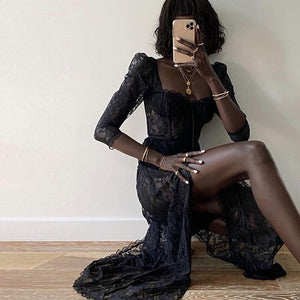 Indulge in luxury with our Robe Elisa - a stunning black lace dress. With intricate lace detailing, this dress exudes elegance and sophistication. Perfect for any occasion, this dress will make you feel like a true fashion icon. Elevate your wardrobe with our Robe Elisa.