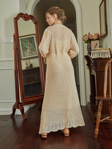 This beautifully crafted Robe en Crochet Bridgette boasts intricate vintage embroidery and a delicate hollow out design. Made from high-quality knitted fabric, it offers both style and comfort, making it a perfect addition to any wardrobe. Perfect for any occasion, this long pullover dress exudes elegance and charm.