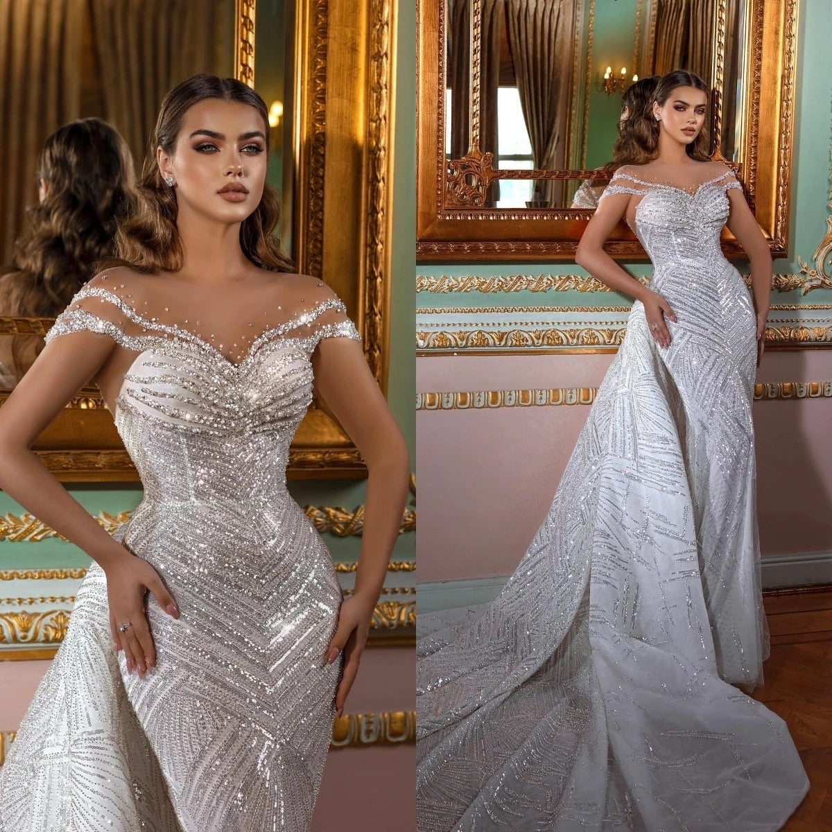 Dive into the deep sea of wedded bliss in the Robe Bertoline-- a luxurious mermaid-style wedding dress with sparkly beading and sequins to light up your special day! With a detachable train, this custom-made dress is sure to make unforgettable memories. Let’s get this party started!