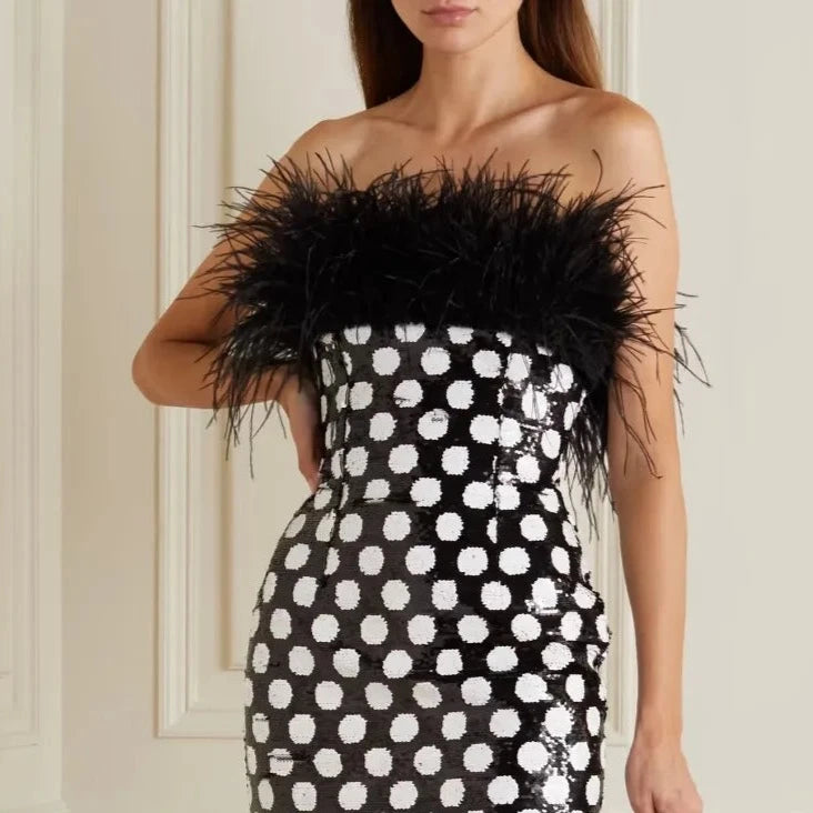 Indulge in luxury with our Strapless Feather Polka-dot Sequins Dress! This sexy and slimming dress features a stunning backless design and feather-trimmed details. Perfect for any party or special occasion, this dress will leave you feeling confident and glamorous.