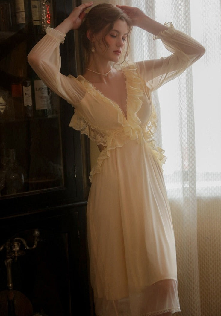 Introducing the Robe du Soir Jeannie, a French-inspired nightgown that exudes elegance and vintage charm. Slip into this luxurious piece and indulge in a taste of luxury, reminiscent of a bygone era. Let the intricate details and French style transport you to a world of sophistication and refinement. Truly a must-have for any discerning individual.